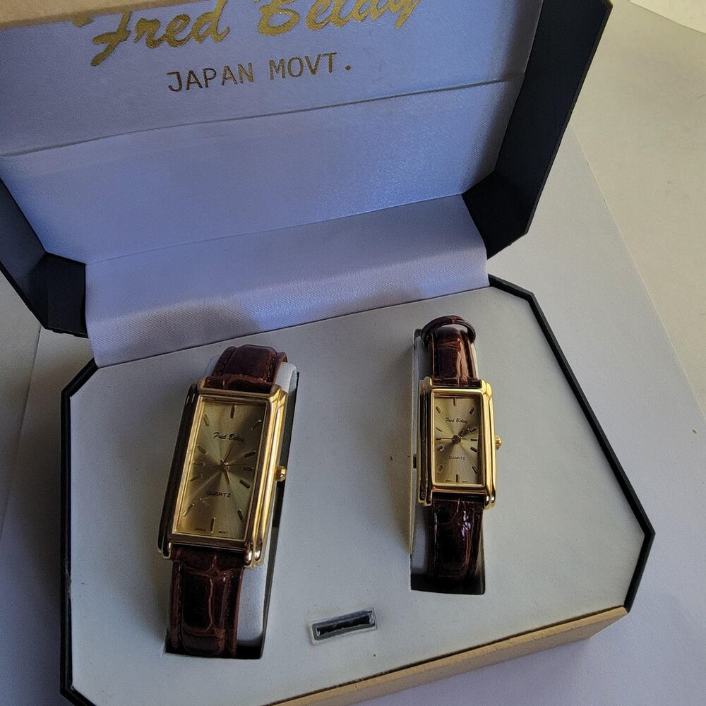 Fred Belay Mens Watch Gold Dial Gold Brown Leather Strap Quartz Set Japan Movt